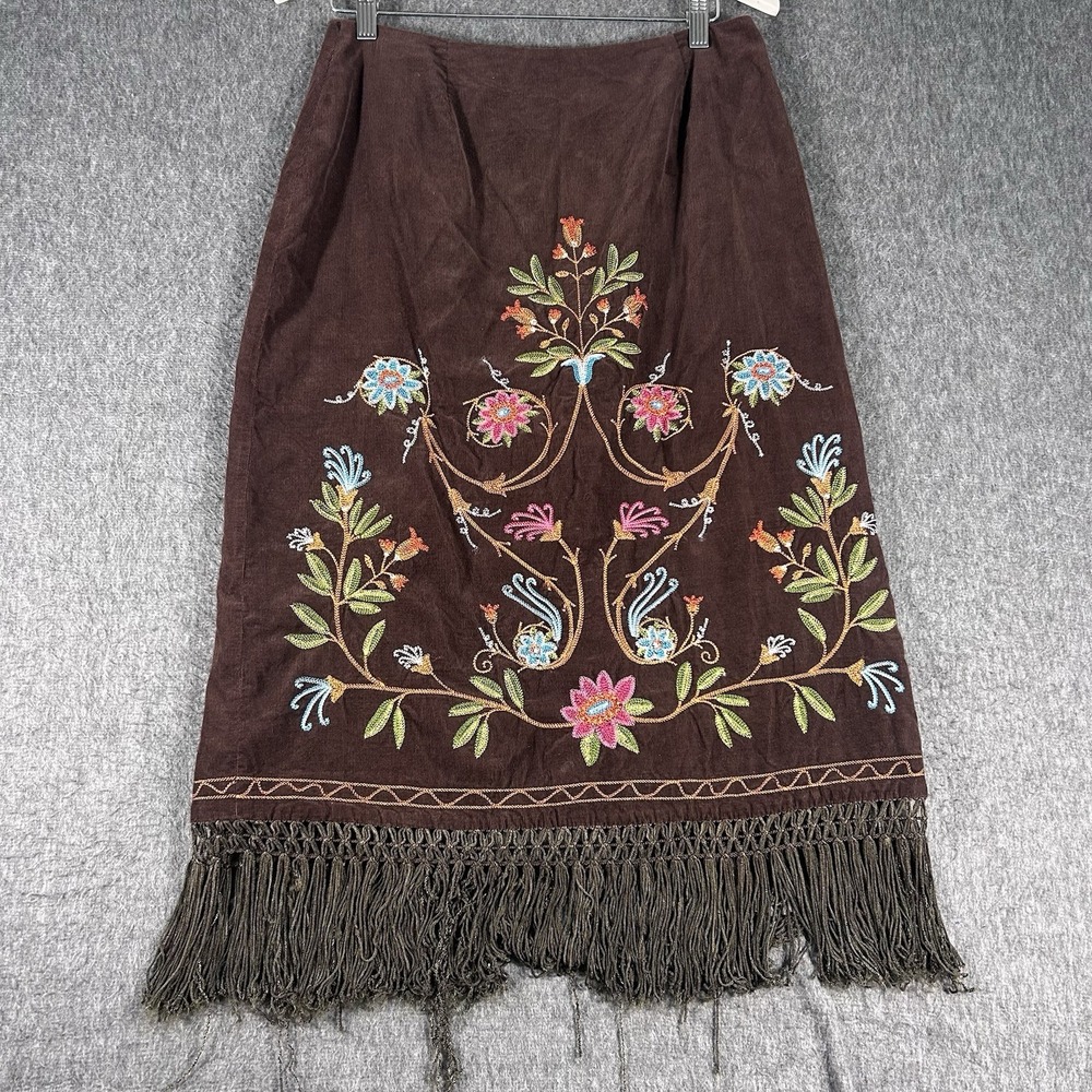 Corduroy Skirt 8 Embroidered Brown Lined Festival Midi Bohemian Flowers Folk Art